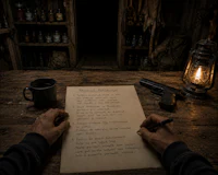 a man writing on a piece of paper in front of a fireplace