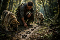 a man kneeling down in the woods with two dogs