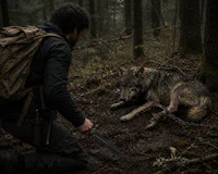 a man kneeling down next to a dead wolf