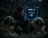 a man sits on the ground next to two dogs and a sign that says novel 13