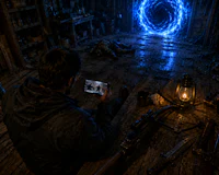 a man is taking a picture of a blue light in a dark room