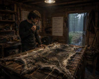 a man is working on a fur rug in a workshop