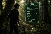 a man holding an axe in the woods