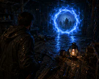 a man is standing in a dark room with a light coming out of it