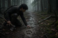 a man kneeling on a trail in the woods with an axe