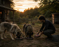 a man kneeling down to feed his dogs