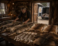 a man in a room with a lot of furs on a table