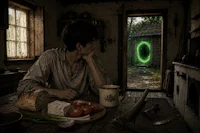 a man sits at a table in front of a green door