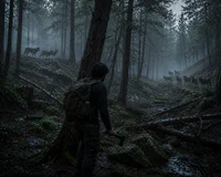 a man with a backpack walking through a forest