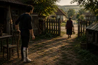 a man and woman walking down a dirt road