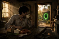 a man sitting at a table with a cup of coffee